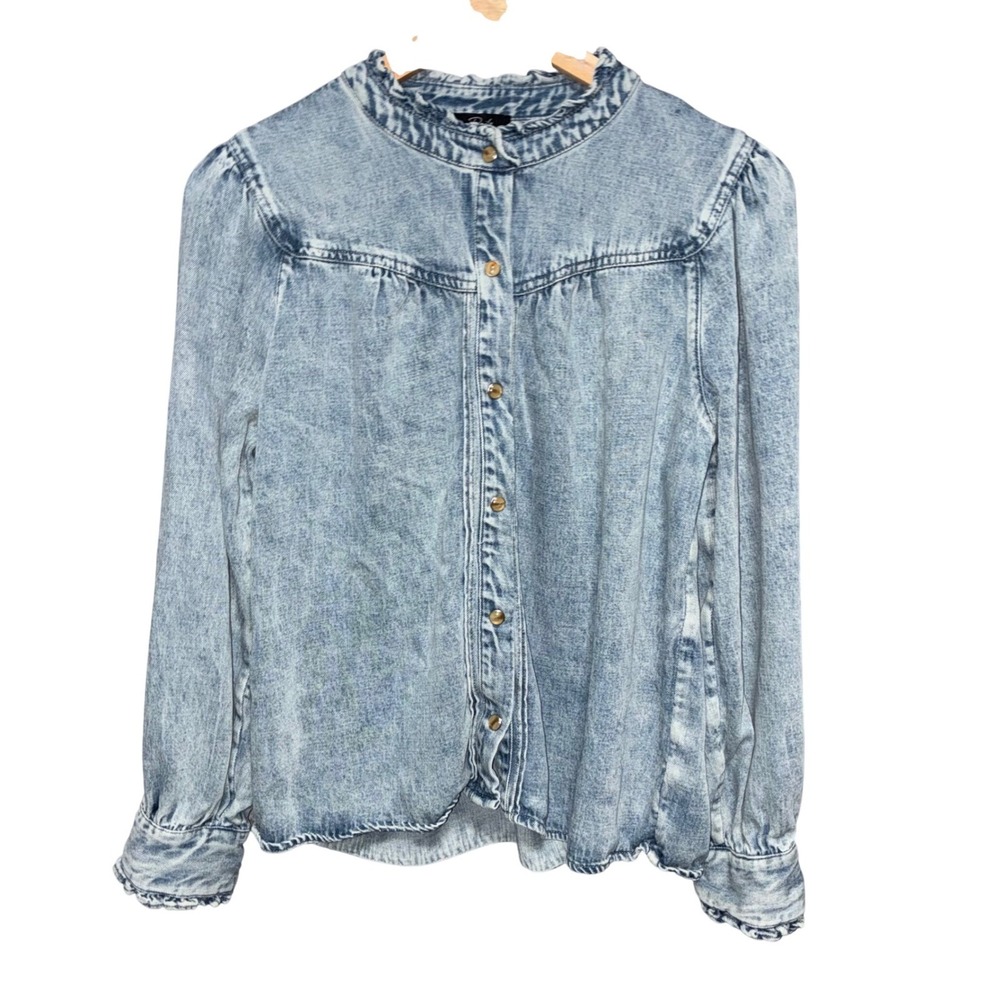 Rails Women's Camille Sapphire Ruffle‎ Trim Acid Wash Denim Top Size M